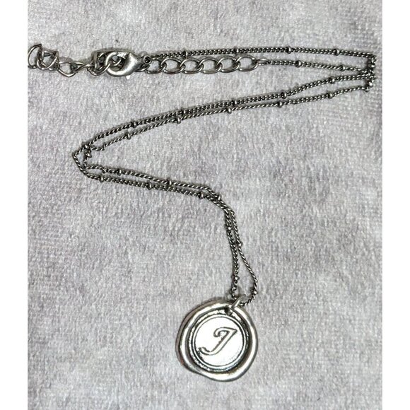 Rustic Letter J Wax Seal Style Silver Tone Pendant Necklace - Picture 5 of 5